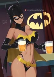 barleyshake batgirl_(cosplay) batman_(series) beer big_breasts blue_eyes dc dc_comics large_breasts looking_at_viewer nipples_visible_through_clothing semi_nude smile thick_thighs waitress