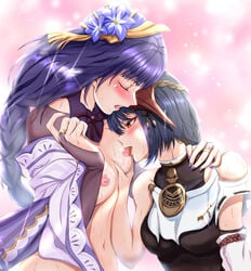 2girls bangs bare_shoulders black_hair blush breast_grab breasts bridal_gauntlets closed_eyes commentary_request detached_sleeves eyebrows_visible_through_hair flower genshin_impact grabbing hair_ornament hand_on_another's_shoulder highres japanese_clothes kujou_sara large_breasts licking licking_nipple long_hair mask mask_on_head mole mole_under_eye multiple_girls nipples open_mouth purple_flower purple_hair purple_nails raiden_shogun ribbon riteral short_hair simple_background tassel tengu_mask yellow_eyes yuri