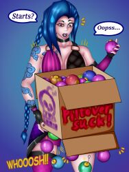 adekvatx blue_hair english_text female jinx_(league_of_legends) league_of_legends pre-transformation text transformation