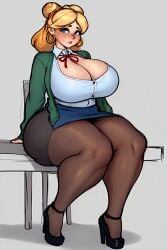 1girls ai_generated animal_crossing big_breasts blonde_hair blush breasts busty charlie_hustle chubby cleavage curvy hairbun heels human humanized isabelle_(animal_crossing) jacket leggings light-skinned_female light_skin office_lady pantyhose pencil_skirt sitting skirt solo solo_female stable_diffusion tagme thick_thighs