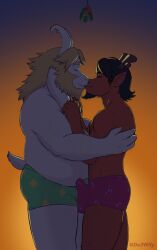 2boys 2d anthro asgore_dreemurr bara beard blonde_hair christmas dad_bod dark_hair de3wlfy deltarune dilf duo duo_focus erect_penis erection erection_under_clothes facial_hair furry furry_only gay goat hi_res kissing kissing long_hair male male_only mistletoe reindeer romantic rudolph_holiday standing undertale undertale_(series) underwear underwear_only white_body white_fur