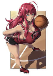 1girls ahoge ball bangs basketball basketball_uniform bent_over blue_eyes breasts clothing eyebrows_visible_through_hair female female_only fully_clothed hair_between_eyes hand_on_hip high_resolution high_school_dxd holding holding_ball holding_object large_breasts long_hair looking_at_viewer no_bra packge red_hair rias_gremory smile solo sportswear standing very_high_resolution very_long_hair voluptuous