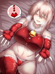 belly blush cameltoe christmas christmas_outfit curvy fate/grand_order fate_(series) fingerless_gloves gloves huge_breasts leggings legwear long_gloves midriff navel okita_souji_(fate) okita_souji_(fate)_(all) reaching_out reaching_towards_viewer slender_waist spoken_heart tgxx3300 thick_thighs wide_hips