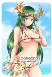 1girls alternate_costume ass_visible_through_thighs bikini breasts female green_eyes green_hair kid_icarus lipstick looking_at_viewer medium_hair nintendo noboru_revista palutena solo swimsuit white_skin