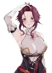 arm_at_side armpits bad_id bad_pixiv_id bare_shoulders breasts collar detached_sleeves elbow_gloves female genshin_impact gloves hair_pulled_back hand_in_own_hair highres hukii large_breasts looking_at_viewer open_mouth pink_eyes purple_hair rosaria_(genshin_impact) short_hair sidelocks simple_background solo_female sweat upper_body white_background