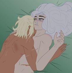 2girls artist_request blonde_hair blue_eyes blush blush_lines blushing boobs breasts dark-skinned_female female female/female female_only hair_down interracial_yuri lesbian lesbian_sex long_hair long_hair_female multiple_girls naked naked_female nude nude_female purple_eyes robyn_hill rwby scar sex snow_nsfw3 white_hair white_skinned_female winter_schnee yuri