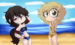 beach bikini black_fur blonde_hair fhs fhsz3r0 fnafhs fnafhs_z3ro fred_(fnafhs) frida_(fnafhs) golden_(fnafhs) rule_63 swimsuit swimsuit_aside