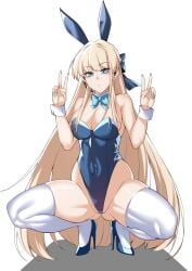 1girls animal_ears ass_visible_through_thighs blonde_hair blue_archive blue_eyes blue_footwear blue_hair blue_leotard blue_nails breasts bunnysuit cleavage covered_navel double_bun double_v earpiece fake_animal_ears female groin hair_bun high_heels highleg highleg_leotard highres lc_7v2 leotard long_hair looking_at_viewer millennium_science_school_student official_alternate_costume playboy_bunny rabbit_ears solo spread_legs squatting strapless strapless_leotard thighhighs toki_(blue_archive) toki_(bunny)_(blue_archive) v very_long_hair white_thighhighs wrist_cuffs