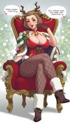 1girls 2023 absurdres alternate_costume animal_ears antlers bell breasts brown_eyes brown_hair christmas christmas_cake cleavage crossed_legs deer_antlers english_text eyeshadow fake_animal_ears fake_antlers female female_focus female_only fire_emblem fire_emblem:_three_houses fire_emblem_heroes fishnet_pantyhose fishnets fur_trim gloves hair_slicked_back high_heels highres large_breasts lipstick makeup manuela_casagranda manuela_casagranda_(winter) milf mole mole_under_eye mommy_kink nintendo official_alternate_costume orange_eyeshadow orange_lips orange_lipstick pantyhose reindeer_antlers rizdraws short_hair smile solo text thick_thighs thighs