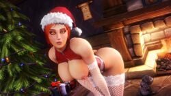 assumi bare_shoulders bending_forward bending_over breasts christmas christmas_lights christmas_outfit christmas_present christmas_tree erect_nipples female fire fireplace gold_eyes indoors large_breasts looking_at_viewer nipples noname55 puppy red_hair short_hair single_mom stockings warcraft world_of_warcraft