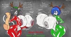 2girls blue_hair bodysuit breasts catgirl christmas green_suit huge_breasts latex_suit megabippy multiple_girls nipple_piercing red_suit sally_furbomb steam sweaty_breasts tiddy_(megabippy) toon