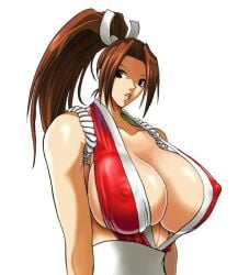 1girls 2d 2d_(artwork) arms_down asian asian_female bare_shoulders big_breasts breasts breasts_bigger_than_head brown_eyes brown_hair confused confused_face curvy curvy_female curvy_figure digital_drawing_(artwork) digital_media_(artwork) fatal_fury female female_focus female_only hair_tied hands_down japanese japanese_clothes king_of_fighters large_breasts light-skinned_female light_skin lips mai_shiranui ninja ninja_girl nipple_bulge ponytail rope signal-green skimpy skimpy_clothes snk white_rope
