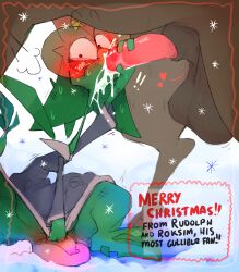 anthro balls big_balls blush bodily_fluids cum dragon duo feral forced genital_fluids genitals green_body hi_res looking_at_viewer male male/male oral penis roksim roksim_the_time_mage rudolph_the_red-nosed_reindeer snow wings