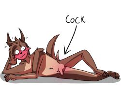 2023 4:3 :i anthro arms_bent arrow_pointing_to_crotch balls bent_leg blush bodily_fluids body_blush bovid brown_body brown_fur capri_(deerkid) caprine deerkid digital_drawing_(artwork) digital_media_(artwork) directional_arrow embarrassed flaccid floppy_ears foreskin fur genitals goat head_tuft heavy_blush hooves horn humanoid_genitalia humanoid_penis looking_at_viewer lying male mammal multicolored_body multicolored_fur nude on_ground on_side penis penis_blush pose robablo shaded shoulder_tuft simple_background solo sweat tail tan_body tan_fur text tuft two_tone_body two_tone_fur unretracted_foreskin white_background wide_eyed