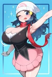 1girls armpits armwear azuu beanie big_breasts blue_eyes blue_hair bracelet breasts bursting_breasts cleavage clothing dawn_(pokemon) female female_only game_freak hair hat headwear huge_breasts large_breasts long_hair motion_lines neckwear one_eye_closed pink_skirt pokemon pokemon_dppt red_scarf scarf skirt solo solo_female sparkles tongue tongue_out wink winking