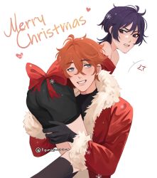 2boys angry ass blue_hair blush bowtie carrying childe_(genshin_impact) christmas gay genshin_impact gloves hoyoverse male male_only orange_hair restrained scaramouche_(genshin_impact) tartaglia_(genshin_impact) tartan twink