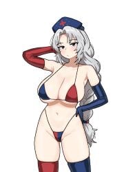 arm_up bare_shoulders bikini blue_eyes blush braid breasts cleavage closed_mouth cocktiel77 cowboy_shot elbow_gloves female gloves grey_hair groin hand_on_own_hip hat highleg large_breasts long_hair looking_at_viewer micro_bikini navel nurse_cap red_bikini red_gloves simple_background skindentation solo standing stomach swimsuit thighhighs touhou very_long_hair white_background yagokoro_eirin