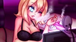 16:9 1girls black_bra blonde_hair cigarette huniecam_studio huniepop jessie_maye smoking