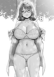 1girls 2023 ass_visible_through_thighs blush bow bow_bra bow_panties bra breasts cleavage dress eyebrows_visible_through_hair female female_only glasses greyscale half-closed_eyes heart heavy_breathing highres huge_breasts inviting japanese_text joshi_kōsei_rich_thots monochrome open_clothes open_dress original outdoors panties seductive semi-rimless_eyewear sky_(freedom) smile solo speech_bubble spoken_heart sweat teeth text thick_thighs thighs translated tree underwear undressing yurie_(sky_(freedom))