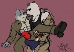 anthro bad_2_bad:_extinction bear beo_shepherd_(bad_2_bad) bulge bulge_frottage canid canine canis clothed clothing detailed_bulge domestic_dog duo erection erection_under_clothing flushed fur genital_outline giant_panda grey_body grey_fur leg_grab male male/male mammal muscular muscular_anthro muscular_male pan_colman_(b2b_extinction) partially_clothed penis_outline renia_xenophere scar standing underwear white_body white_fur