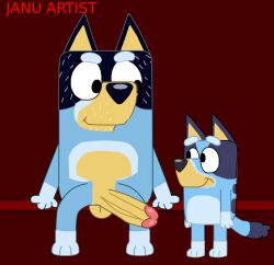 1boy 1boy1girl 1girls bandit_(bluey) bandit_heeler bluey_(bluey) bluey_(series) bluey_(show) bluey_heeler cub cub_and_adult duo father_and_daughter focus_on_penis incest line posing_nude red_background