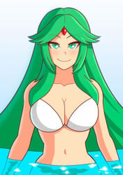 1girls alternate_breast_size big_breasts bra breasts chemical_bro female green_eyes green_hair kid_icarus long_hair looking_at_viewer nintendo palutena solo water white_skin