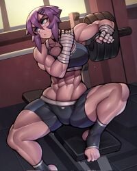 1girls abs big_breasts blue_eyes clothed clothing feet female female_focus female_only gym gym_clothes large_breasts maya_(roadi3) muscular muscular_female purple_hair roadi3 short_hair solo solo_female stretching thick_thighs tomboy