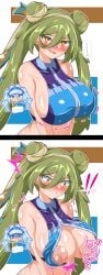 accidental_exposure big_breasts blush blushing boobs breasts crossover embarrassed exposed exposed_breasts green_hair ground_miku_(project_voltage) hair_bun hair_buns hatsune_miku hatsune_miku_(ground-type_trainer) imminent_exposure kumanosita large_breasts nipples pokemon project_voltage tits topwear vocaloid wardrobe_malfunction yellow_eyes zipper zipper_malfunction