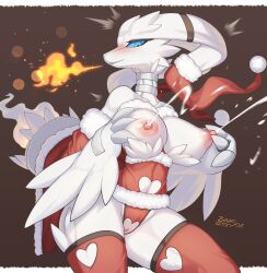 absurd_res anthro areola big_breasts biped blue_eyes blush bodily_fluids breasts breath_powers clothing dragon elemental_manipulation female female_dragon female_pokemon fire fire_breathing fire_manipulation fur generation_5_pokemon genitals hi_res lactating legendary_pokemon looking_at_viewer nintendo nipples pink_areola pink_nipples pokemon pokemon_(species) pussy reshiram simple_background solo white_body white_fur zinfyu