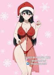 1girls big_breasts black_hair blush breasts christmas christmas_clothing christmas_headwear christmas_lingerie christmas_outfit cleavage ear_piercing earrings english english_text female female_only hair hat headwear hips huge_breasts lace lace-trimmed_panties lace_trim lingerie long_hair mature mature_female mature_woman milf nail_polish nails nightgown panties pegasusarts red_eyes red_nail_polish red_nails red_panties santa_hat solo solo_female spy_x_family text thighs yor_briar