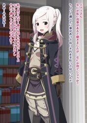 1girls book bookshelf breasts brown_eyes cleavage coat female female_only fire_emblem fire_emblem_awakening gloves indoors japanese_text looking_at_viewer medium_breasts medium_hair nintendo open_mouth pants robin_(fire_emblem) robin_(fire_emblem)_(female) smile solo text translation_request twintails white_hair yugo-eti