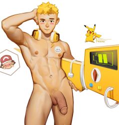 abs big_cock big_penis blonde_hair blush breezem brown_eyes cum_dripping gijinka male_only pikachu pokemon pokemon_(species) solo_male