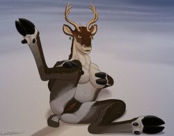 anthro antlers anus breasts brown_body brown_fur cloven_hooves deer ear_piercing female fur genitals hi_res hooved_hands hooves horn lord_magicpants lying mammal new_world_deer nipples nude on_back on_ground outside piercing pussy reindeer short_tail snow snowing solo tail winter