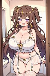 ai_generated anya_melfissa blush cameltoe cowboy_shot cute cute_fang female female_only garter_belt garter_straps gigantic_breasts hololive hololive_indonesia lace_trim large_breasts lingerie nightgown open_mouth smile smug stable_diffusion thick_thighs virtual_youtuber white_lingerie wide_hips