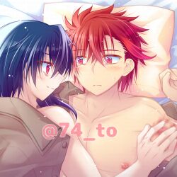 2boys alcryst_(fire_emblem) bare_shoulders bed blue_hair bruise collarbone diamant_(fire_emblem) femboy fire_emblem fire_emblem_engage injury looking_at_another male male_only medium_hair multiple_boys naked_shirt nervous nintendo nipples nude nude_male off_shoulder on_back on_bed open_clothes open_shirt red_eyes red_hair sasaki_fumi shirt short_hair shoulders smile tearing_up tears yaoi