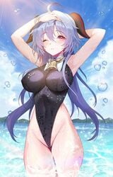 1girls adeptus big_breasts breasts ganyu_(genshin_impact) genshin_impact hi_res highres horns kyundoo nipple_bulge qilin solo swimsuit wet