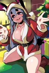 1girls absurd_res big_breasts bongfillstudent bunny_ears bunny_girl bunny_industry_(bongfillstudent) bunny_tail choker christmas female female_only grey_hair hug_invitation inner_sideboob kneeling long_hair looking_at_viewer monster_girl purple_eyes santa_costume santa_hat smiling smiling_at_viewer solo tank_bunny_(bongfillstudent)