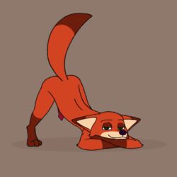 1boy animated anthro ass_up brown_background crossed_arms dialogue disney flaccid_penis fox genitals gloves_(marking) half-closed_eyes hanging_penis head_down_ass_up heart jack-o'_crouch_pose jack-o_pose kodigozoot looking_at_viewer male mammal nick_wilde one_eye_closed penis pointed_ears pose seductive seductive_smile socks_(marking) solo speaking_to_viewer spoken_heart tailwag teasing uncut vulpine wagging_tail wink zootopia