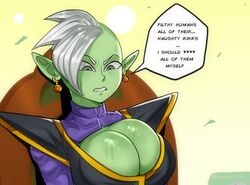 1girls big_breasts detnox dragon_ball dragon_ball_super english_text favorite female_zamasu green_body green_skin pointy_ears potara_earrings rule_63 short_hair speech_bubble sweat sweatdrop text white_hair zamasu