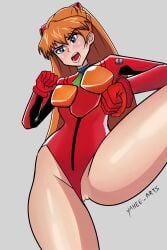 1girls asuka_langley_sohryu bare_thighs blue_eyes female female_only leotard_aside light-skinned_female light_skin long_hair low-angle_view neon_genesis_evangelion neopn_genesis_evangelion orange_hair plugsuit pussy revealing_clothes shiny_clothes simple_background solo thong thong_aside thong_leotard tight_clothing tsundere yahee