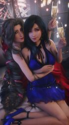 2girls 3d 3d_(artwork) aerith_gainsborough bare_shoulders black_hair blender blue_dress bracelet champagne champagne_flute christmas cleavage dark_brown_hair dress female female_only final_fantasy final_fantasy_vii final_fantasy_vii_remake fireworks flower_in_hair green_eyes hair_ornament hair_ribbon happy_new_year high_heels highres hug hug_from_behind indoors large_breasts legs lipstick long_black_hair long_hair medium_breasts nail_polish neck_ribbon necklace new_year on_couch one_eye_closed red_dress red_eyes red_nails ria-neearts sidelocks sitting smile square_enix thighs tifa_lockhart very_long_hair window yokozuwari yuri