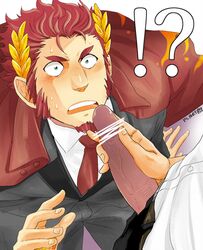 !? 2boys bara blush claude_(tokyo_afterschool_summoners) couple erection facial_hair formal from_above gakei3 gay goatee grey_pants grey_suit head_out_of_frame imminent_fellatio jacket jacket_on_shoulders laurel_crown long_sideburns looking_at_viewer male male_focus male_only mature_male multiple_boys muscular muscular_male necktie pants penis pov protagonist_(tokyo_afterschool_summoners) protagonist_3_(tokyo_afterschool_summoners) red_hair scribble short_hair sideburns solo_focus sweatdrop thick_eyebrows tokyo_afterschool_summoners tokyo_houkago_summoners veins veiny_penis yaoi