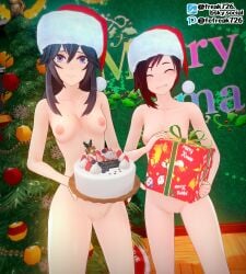 2girls 3d bare_arms bare_shoulders bare_thighs black_hair blue_eyes blue_hair box breasts cake christmas christmas_tree closed_eyes collarbone completely_nude crossover eastern_and_western_character fefreak726 female female_only fire_emblem fire_emblem_awakening food gift gift_box grin hair_between_eyes long_hair looking_at_viewer lucina_(fire_emblem) medium_breasts merry_christmas multicolored_hair multiple_girls nintendo nipples nude nude_female red_hair ruby_rose rwby short_hair shoulders small_breasts smile strawberry symbol-shaped_pupils thighs tree