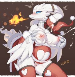 anthro areola big_breasts biped blue_eyes blush bodily_fluids breasts breath_powers clothing dragon elemental_manipulation female female_dragon female_pokemon fire fire_breathing fire_manipulation fur generation_5_pokemon genitals hi_res lactating legendary_pokemon looking_at_viewer nintendo nipples pink_areola pink_nipples pokemon pokemon_(species) pregnant pussy reshiram simple_background solo white_body white_fur zinfyu