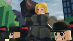 1girls 3d big_breasts blush boombox cleavage edj female female_focus juggernaut_(tdx) pinkishpinkas ranger_(tdx) roblox roblox_game robloxian tagme tower_defense_x