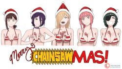 1girls big_ass big_breasts bikini bra breasts candy_cane chainsaw_man christmas cleavage dismaiden female female_only higashiyama_kobeni himeno_(chainsaw_man) makima_(chainsaw_man) mappa power_(chainsaw_man) reze_(chainsaw_man) santa_hat smile underboob wholesome