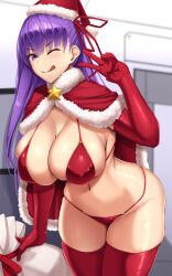 1girls akitsuki_karasu bb_(fate) bikini breasts christmas fate/grand_order fate_(series) female hips huge_breasts light-skinned_female light_skin long_hair naughty_face purple_eyes purple_hair thick_thighs thighs wide_hips