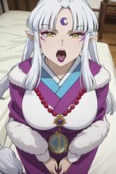 1girls ai_generated fellatio_gesture hair inuyasha kimono makeup milf mother pov sesshoumaru's_mother sitting white