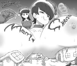 2girls bare_breasts black_and_white chocolate_on_breasts christmas christmas_hat christmas_outfit collar confusion daughter festive_clothing giantess gingerbread_cookie gtstamago komi-san_wa_komyushou_desu komi_shouko komi_shuuko larger_female licking_lips macro massive_breasts micro milf mother multiple_boys nipples owo size_difference smaller_male text