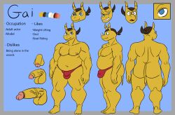 anthro ass balls blue_eyes cherryfox73 erection gai_(cherryfox73) genitals hair hi_res horn male male_focus male_only male_solo mammal muscular muscular_male nipples nude penis ponytail rhinocerotoid simple_background smile solo solo_male yellow_body yellow_skin